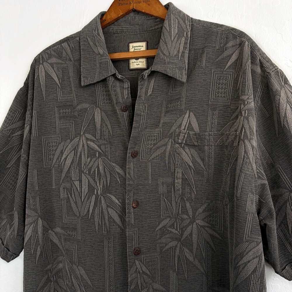 Jamaica Jaxx 100% Silk Camp Shirt XL Textured Jacquard Leaf Charcoal Gray Cabana